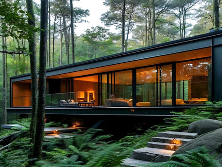 Luxury modern house in the forest. Interior of a modern house. Peaceful house in the forest, Far from the city.の素材