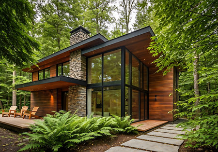 Modern cozy chalet with pool and parking for sale or rent. Massive timber beams columns. Clear sunny summer day with blue sky. Peaceful house in the forest, Far from the city.の素材