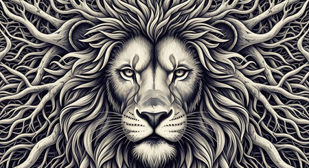 Lion head with big horns. Zodiac sign. Monochrome illustration. Lion lines art graphic drawing for print screen and other decorate products design.の素材