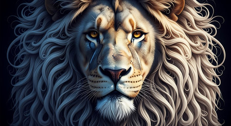 Lion head on a dark background. 3d rendering, 3d illustration. Lion lines art graphic drawing for print screen and other decorate products design.の素材