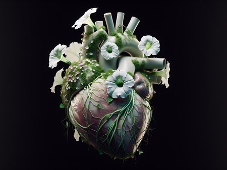 Human heart with vascular system. 3d render on black background. Concept of love nature, Green fresh nature heart. Human heart made of real nature plant and flowers.の素材