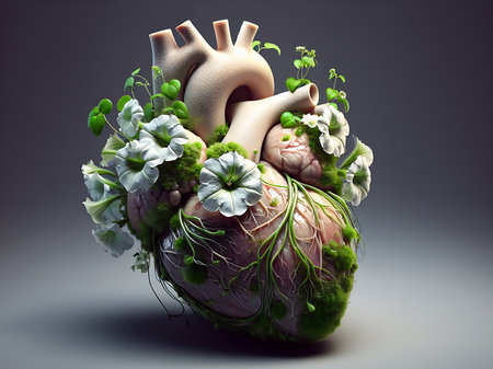 Human heart with green leaves and flowers, 3d render. Computer digital drawing. Concept of love nature, Green fresh nature heart. Human heart made of real nature plant and flowers.の素材
