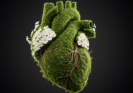 Human heart made of green moss and flowers on black background. 3d illustration, Concept of love nature, Green nature heart, Human heart made of real nature plant and flowers.の素材