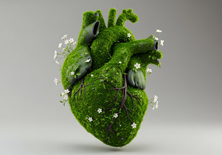 Human heart made of green leaves and flowers. 3d illustration. Concept of love nature, Green nature heart, Human heart made of real nature plant and flowers.の素材