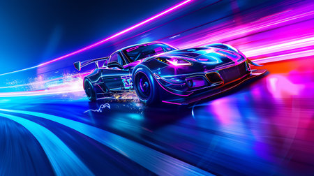 sports car on the road with motion blur background. 3d rendering. Night racing, Futuristic Neon Racing car Cyberpunk Style.の素材