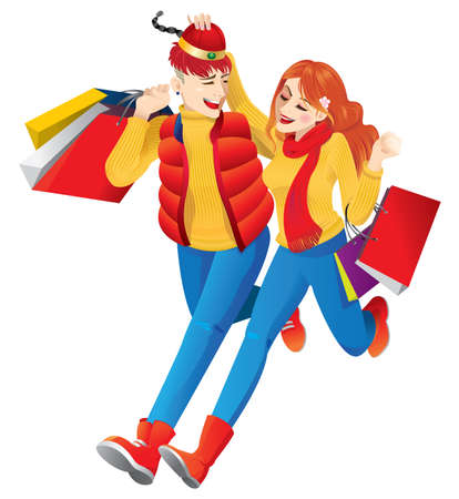 Happy lovers walking under the cherry blossom trees, carrying several shopping bags. This vector suitable for Chinese New Year/ Valentine or winter sales. Isolatedのイラスト素材