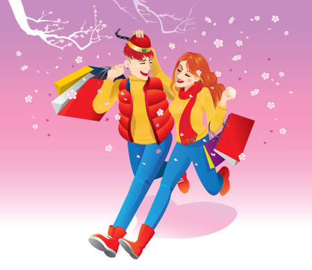 Happy lovers walking under the cherry blossom trees, carrying several shopping bags. This vector suitable for Chinese New Year/ Valentine or winter sales.のイラスト素材