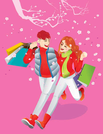 Happy lovers walking under the cherry blossom trees, carrying several shopping bags. This vector suitable for Chinese New Year/ Valentine or winter sales.のイラスト素材
