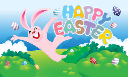 Easter day vector with a cute rabbit and easter eggs. With spring scenery background.のイラスト素材