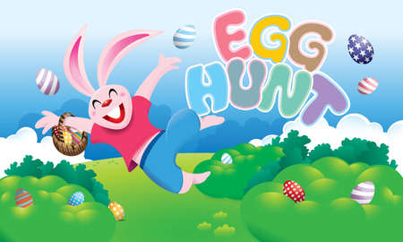 Easter day vector with a cute rabbit and easter eggs. With spring scenery background.のイラスト素材