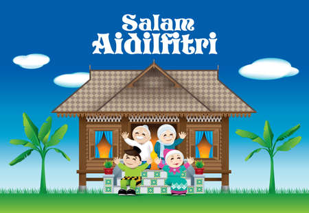 A Muslim family celebrating Raya festival in their traditional Malay style house.  The words "Salam Aidilfitri" means happy Hari Raya.のイラスト素材