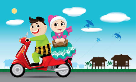 A couples is on the way back to their hometown, ready to celebrate Raya festival with their family.のイラスト素材