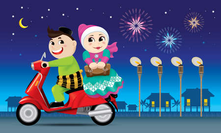 A couples is on the way back to their hometown, ready to celebrate Raya festival with their family.のイラスト素材