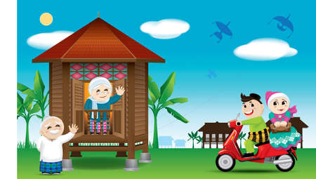 Muslim couple just arrived their hometownのイラスト素材