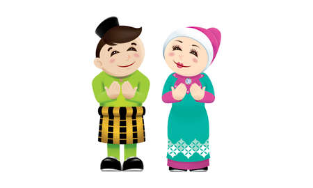 Muslim boy and girl with praying postのイラスト素材