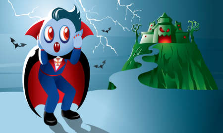 A cute vampire with a haunted castle.のイラスト素材