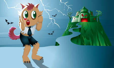 A cute wolf man with a haunted castle.のイラスト素材