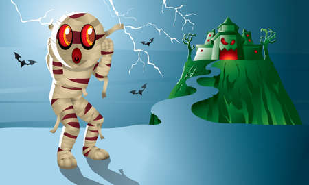 A cute Mummy with a haunted castle.のイラスト素材