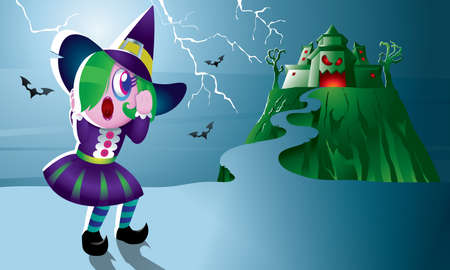 A cute witch with a haunted castle.のイラスト素材