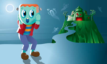 A cute Frankenstein with a haunted castle.のイラスト素材