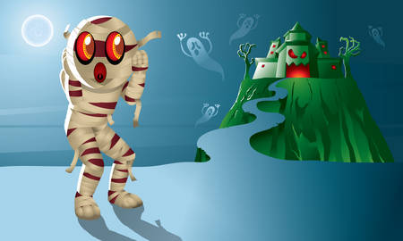 A cute Mummy with a haunted castle.のイラスト素材