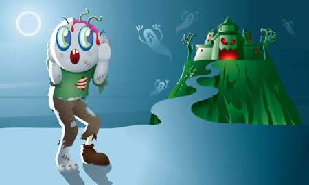 A cute zombie with a haunted castle.のイラスト素材