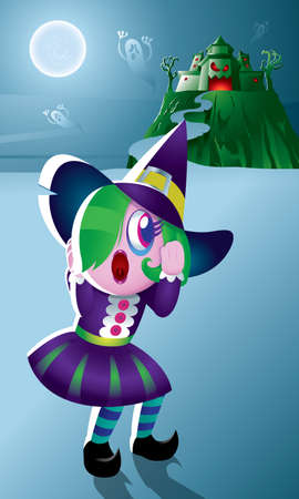 A cute witch with a haunted castle.のイラスト素材