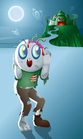 A cute zombie with a haunted castle.のイラスト素材