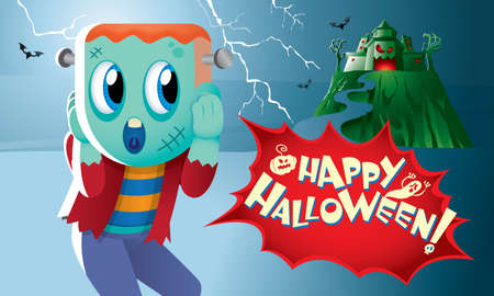 A cute Frankenstein with a haunted castle.のイラスト素材