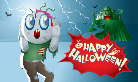 A cute zombie with a haunted castle.のイラスト素材