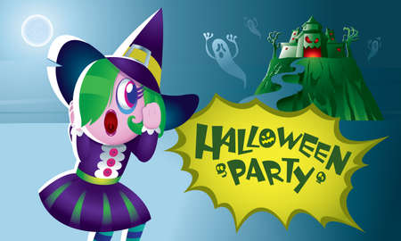 A cute witch with a haunted castle.のイラスト素材