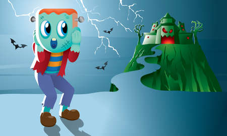 A cute Frankenstein with a haunted castle.のイラスト素材