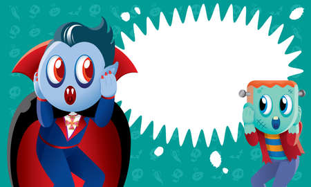 A cute Frankenstein and vampire with spooky background.のイラスト素材