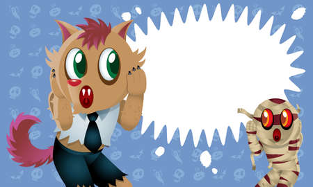 A cute Mummy and wolf man with spooky background.のイラスト素材