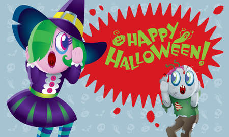 A cute zombie and witch with spooky background.のイラスト素材