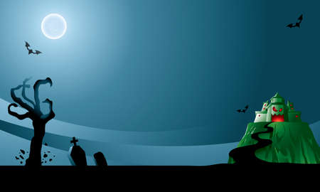 Spooky mood background with a moon, castle and a monster's hand.のイラスト素材