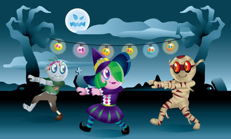 A group of monsters playing together in Halloween night.のイラスト素材