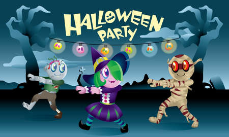 A group of monsters playing together in Halloween night.のイラスト素材