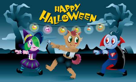 A group of monsters playing together in Halloween night.のイラスト素材