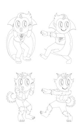 Black and white outline drawing of vampire and wolf man.のイラスト素材