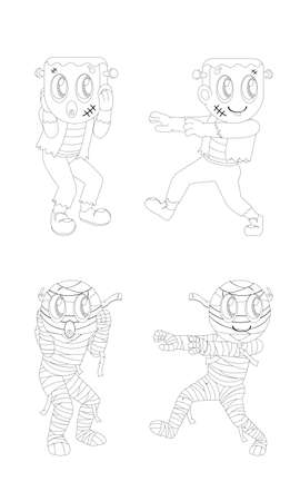 Black and white outline drawing of Frankenstein and Mummyのイラスト素材