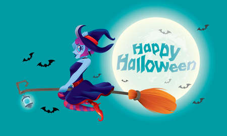 A cute witch flying with her magic broom. With full moon night scene.のイラスト素材