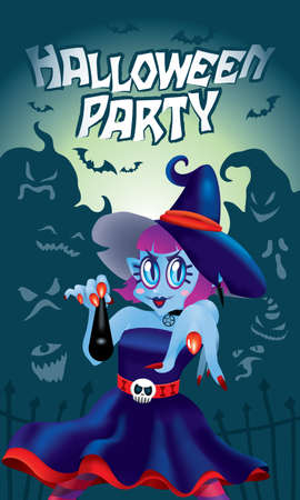 A cute witch pointing at you, with a magic wand. With spooky background.のイラスト素材