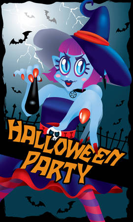 A cute witch pointing at you, with a magic wand. With spooky background.のイラスト素材