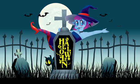 A cute witch stand behind a gravestone. With spooky background.のイラスト素材