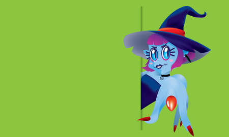 A cute witch pointing at you, with a blank space. Isolated.のイラスト素材