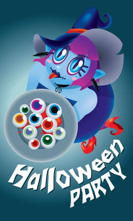 A cute witch holding a plate of eyeballs. Isolated.のイラスト素材