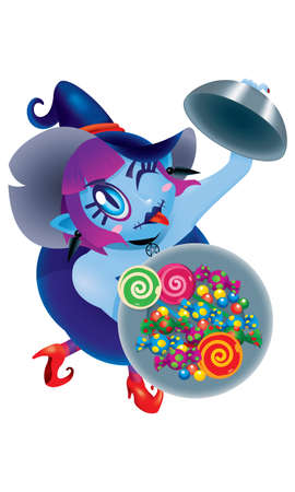 A cute witch holding a plate of candies. Isolated.のイラスト素材