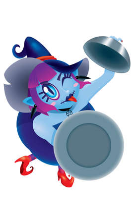 A cute witch holding an empty plate. Isolated.のイラスト素材