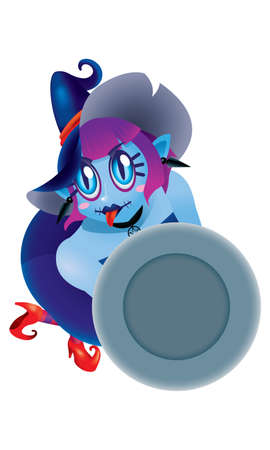 A cute witch holding an empty plate. Isolated.のイラスト素材